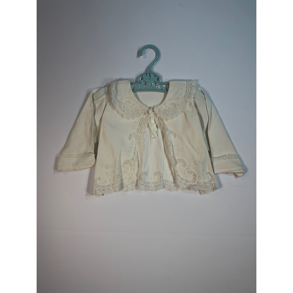 Vintage Ivory Corduroy‎ Baby Jacket Lace Trim Peter Pan Collar Embroidery Cream